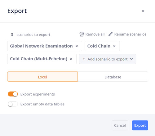 Export dialog with multiple scenarios selected in anyLogistix supply chain optimization software