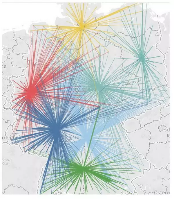 The scenario that shows a map with five distribution centers from the greenfield analysis and two existing warehouses